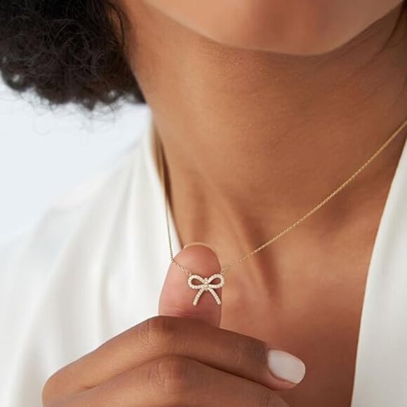 Neiman Marcus 14K Diamond CZ Gold Plated Bow Tie Necklace - Picture 3 of 4